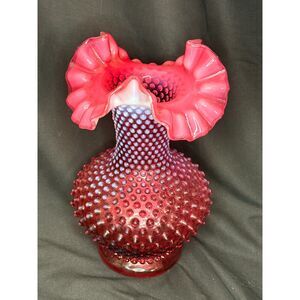 Fenton Cranberry Opalescent Hobnail Ruffle Vase